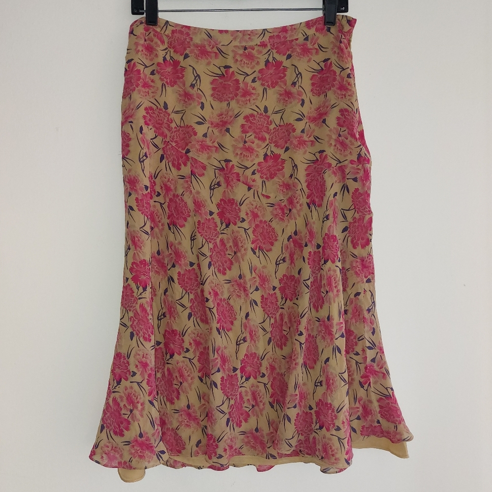 Sundance Silk Midi Skirt Floral Tan Pink Size 8